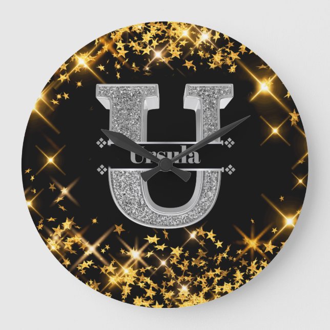 Personalisiert U Initial Silver Monogram Ihr Name Große Wanduhr (Vorderseite)