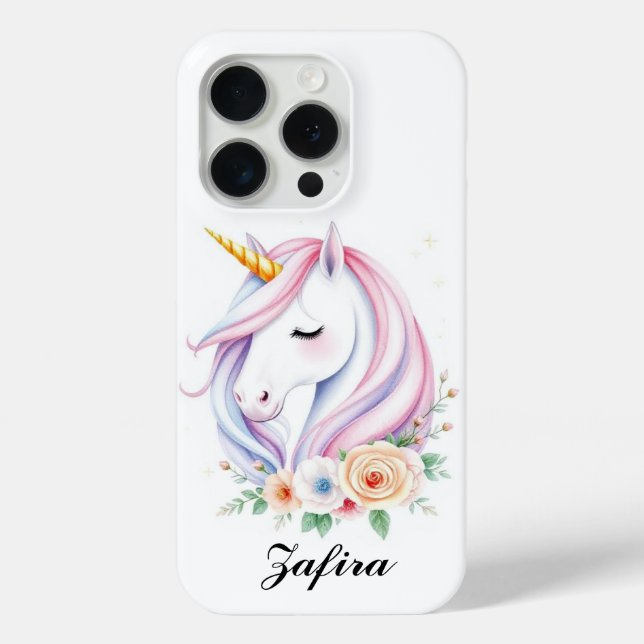Personalisiert Unicorn Floral iPhone Case 15 pro (Rückseite)