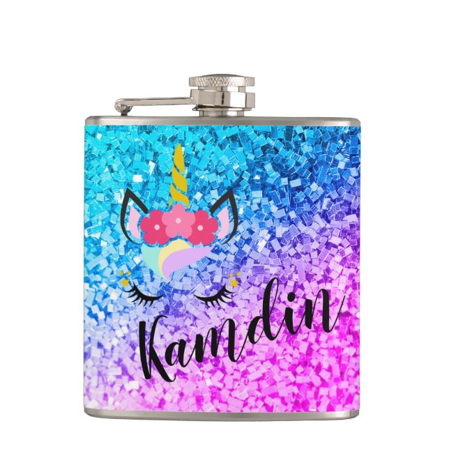 Personalisiert Unicorn Ombre Fade Glitzer Flask Flachmann (Vorderseite)