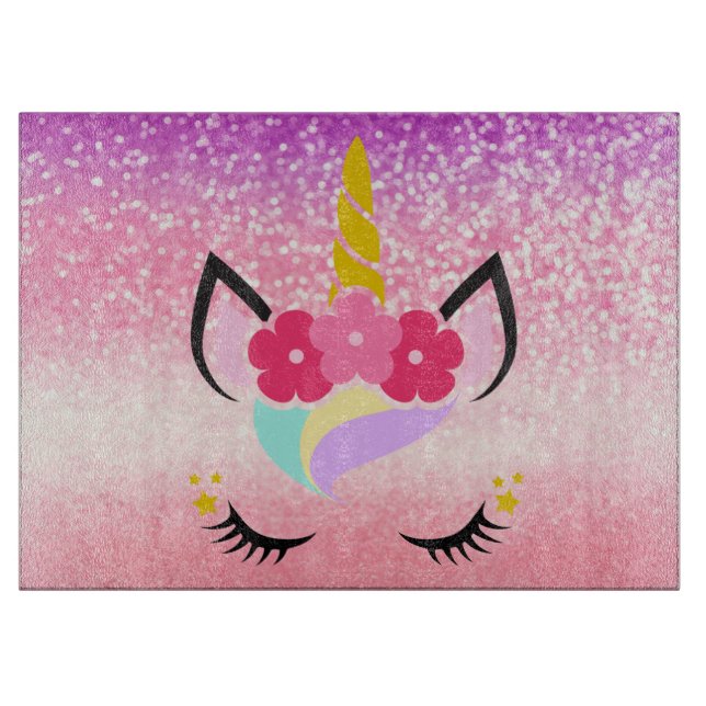 Personalisiert Unicorn Ombre Glitzer Glass Cutting Schneidebrett (Vorderseite)