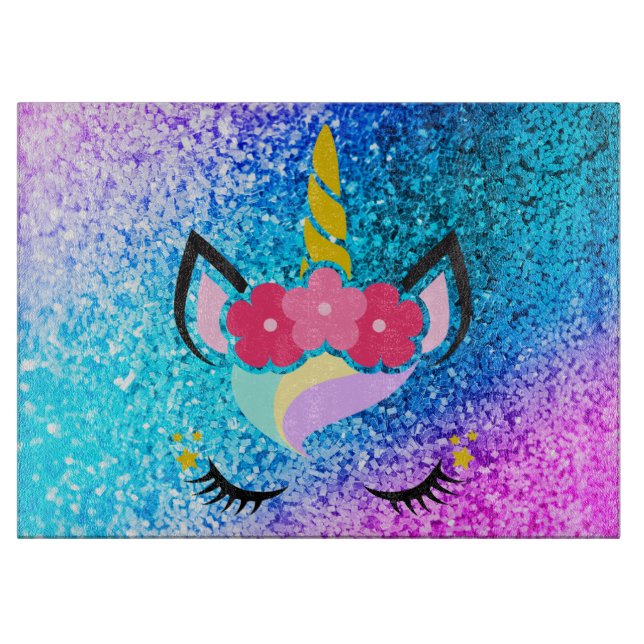 Personalisiert Unicorn Ombre Glitzer Glass Cutting Schneidebrett (Vorderseite)
