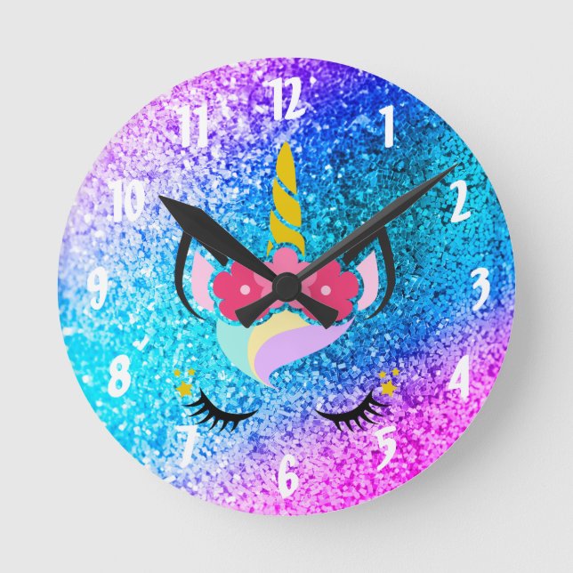 Personalisiert Unicorn Ombre Glitzer Wall Clock Runde Wanduhr (Vorderseite)