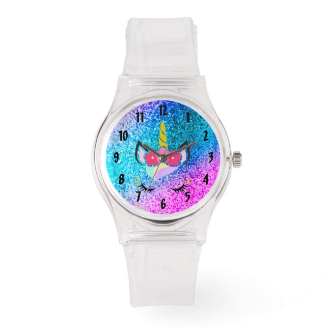 Personalisiert Unicorn Ombre Glitzer Wrist Watch Armbanduhr (Vorderseite)