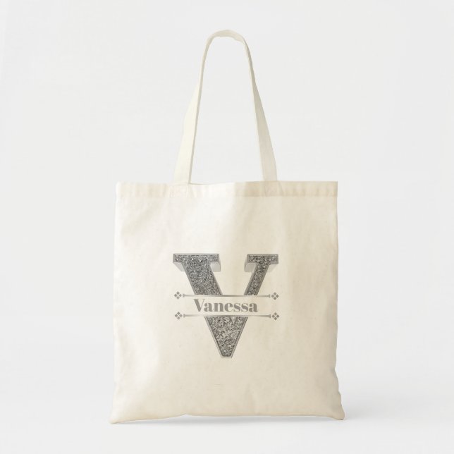 Personalisiert V Erste Silver Monogramm Ihr Name Tragetasche (Vorne)