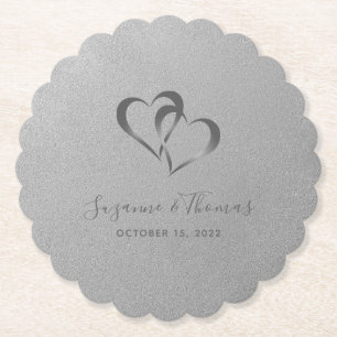 Personalisiert verbundene Herzen Silver Gray Untersetzer