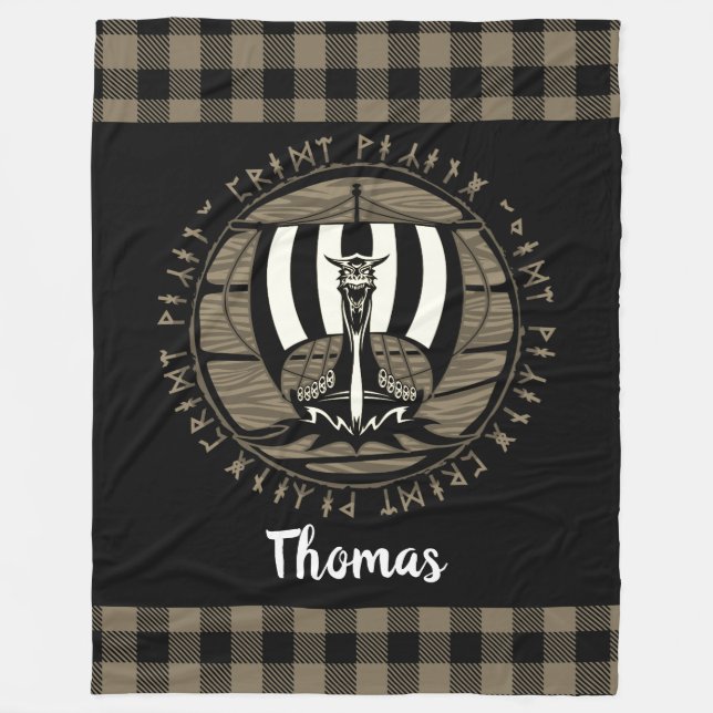 Personalisiert Viking Dragon Long Ship Runes Black Fleecedecke (Vorderseite)