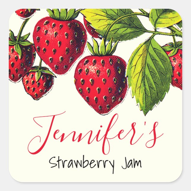 Personalisiert Vintage Strawberry Jam Canning Jar Quadratischer Aufkleber (Vorderseite)