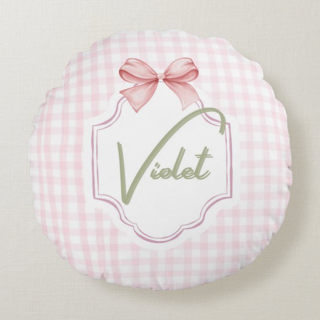 Personalisiert Violet Baby Girl Kinderzimmer Bow&G Rundes Kissen (Vorderseite)