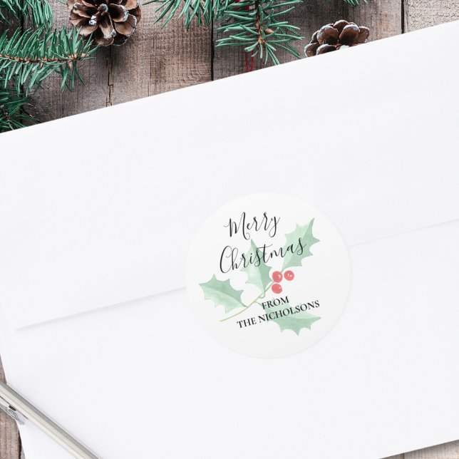 Personalisiert Watercolor Holly Frohe Weihnachten Runder Aufkleber (Von Creator hochgeladen)