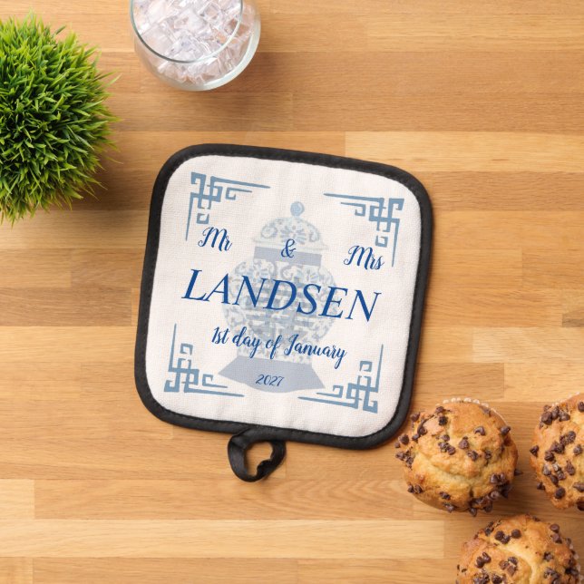 Personalisiert Wedding Blue und White Ginger Jar Topflappen (Oben Unten)