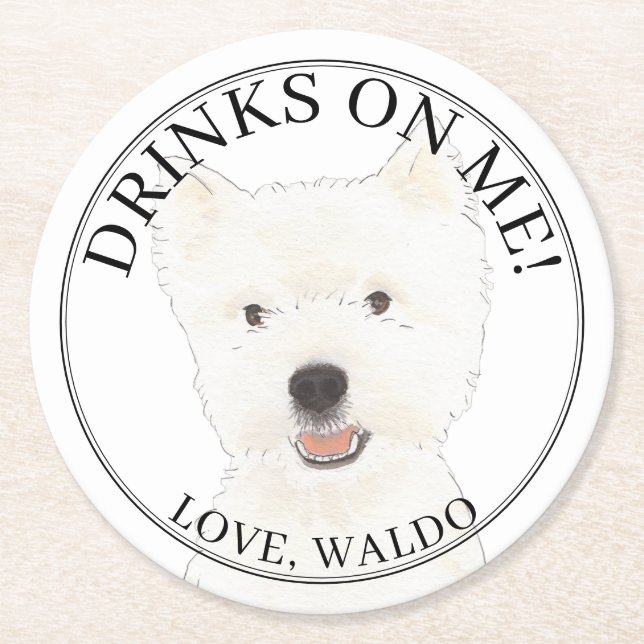 Personalisiert Westie Highland Terrier Dog Wedding Runder Pappuntersetzer (Vorderseite)