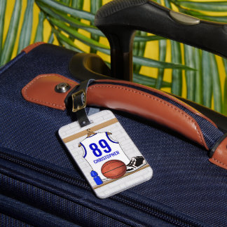Personalisiert White and Blue Basketball Jersey Gepäckanhänger