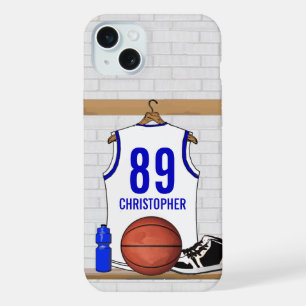 Personalisiert White and Blue Basketball Jersey iPhone 15 Plus Hülle