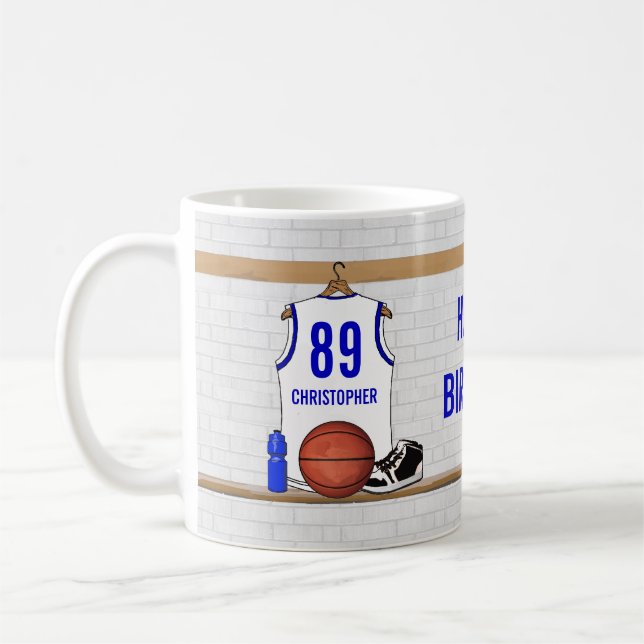 Personalisiert White and Blue Basketball Jersey Kaffeetasse (Links)