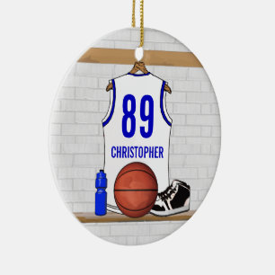 Personalisiert White and Blue Basketball Jersey Keramikornament
