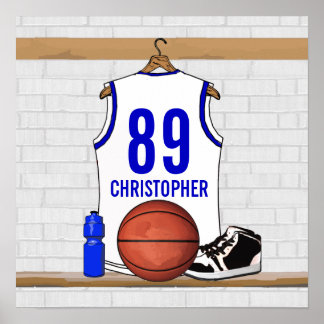 Personalisiert White and Blue Basketball Jersey Poster