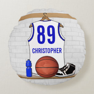 Personalisiert White and Blue Basketball Jersey Rundes Kissen