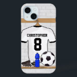 Personalisiert White Black Football Soccer Jersey Case-Mate iPhone Hülle<br><div class="desc">Personalisiertes weißes und schwarzes Fußballfußball-Jersey-Shirt, das in einem Sportsaal mit Wasserflasche, Fußball und Fußball aufgestellt ist. Fügen Sie einfach den Namen und die Nummer (oder das Alter) des Fußballspielers, Fußballfans oder Fußballmannschaftstrainers hinzu, um ein einzigartiges Fußballgeschenk zu schaffen. Andere Fußball-Mannschaftsfarben sind in unserem Shop erhältlich und wir freuen uns auf...</div>