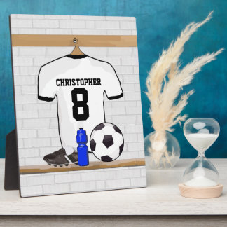Personalisiert White Black Football Soccer Jersey Fotoplatte