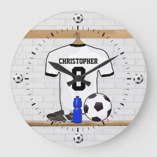Personalisiert White Black Football Soccer Jersey Große Wanduhr