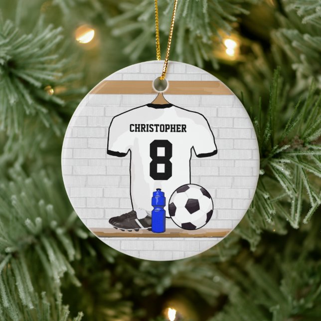 Personalisiert White Black Football Soccer Jersey Keramikornament (Baum)