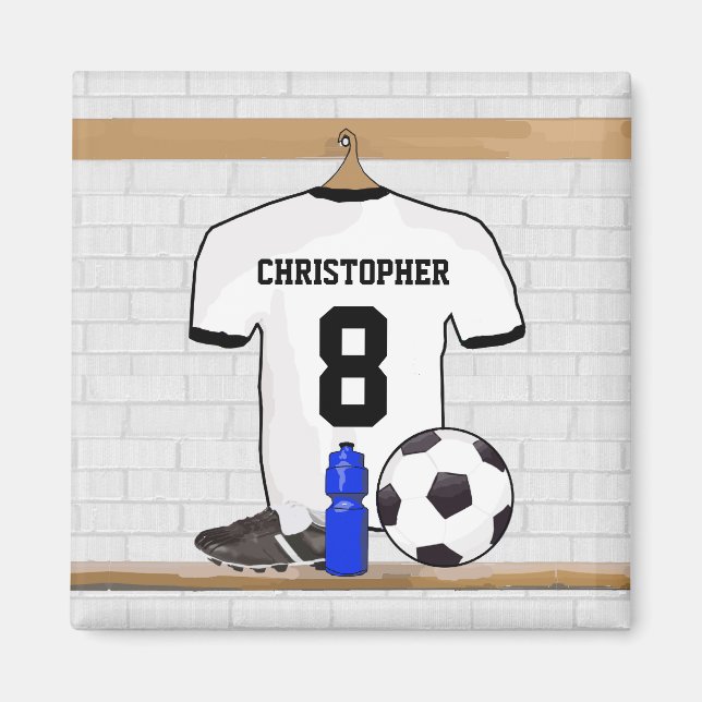 Personalisiert White Black Football Soccer Jersey Magnet (Vorne)