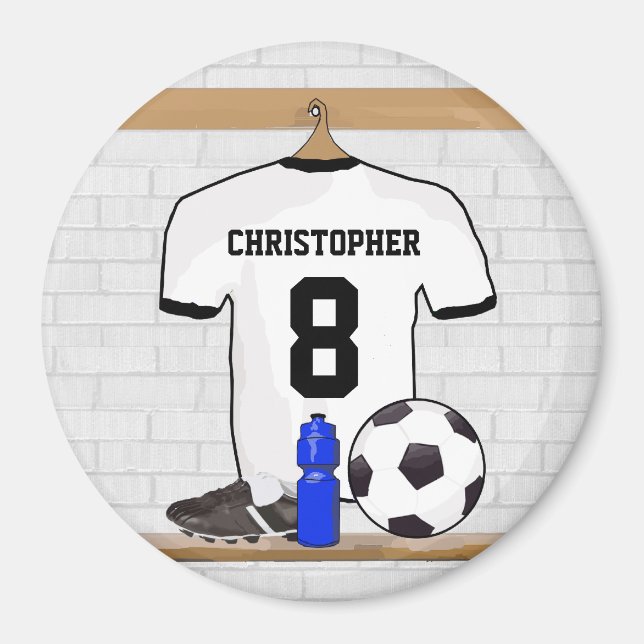 Personalisiert White Black Football Soccer Jersey Magnet (Vorne)