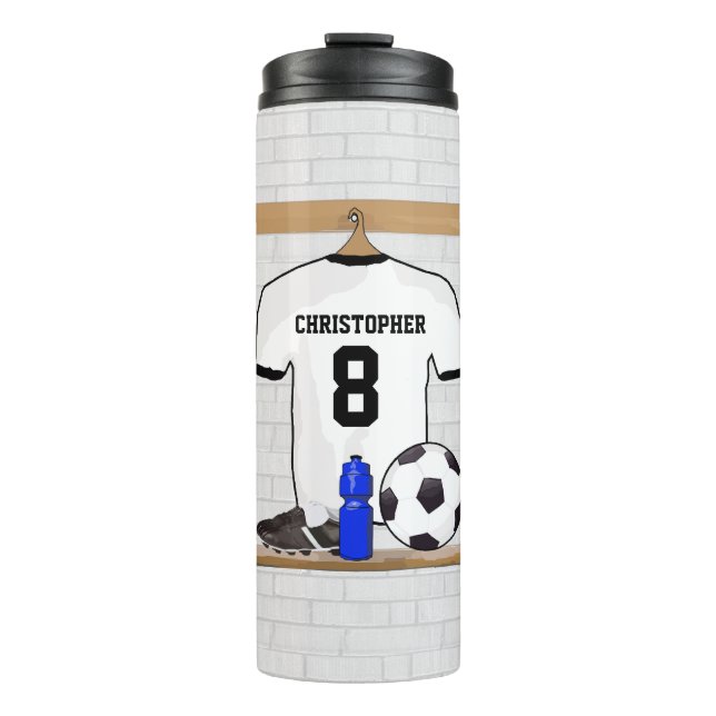 Personalisiert White Black Football Soccer Jersey Thermosbecher (Vorderseite)