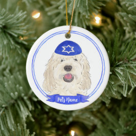 Personalisiert White Cream Doodle Dog Hanukkah Keramik Ornament