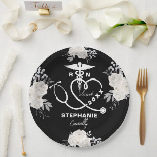 Personalisiert White Floral RN Nuragel School Grad Pappteller