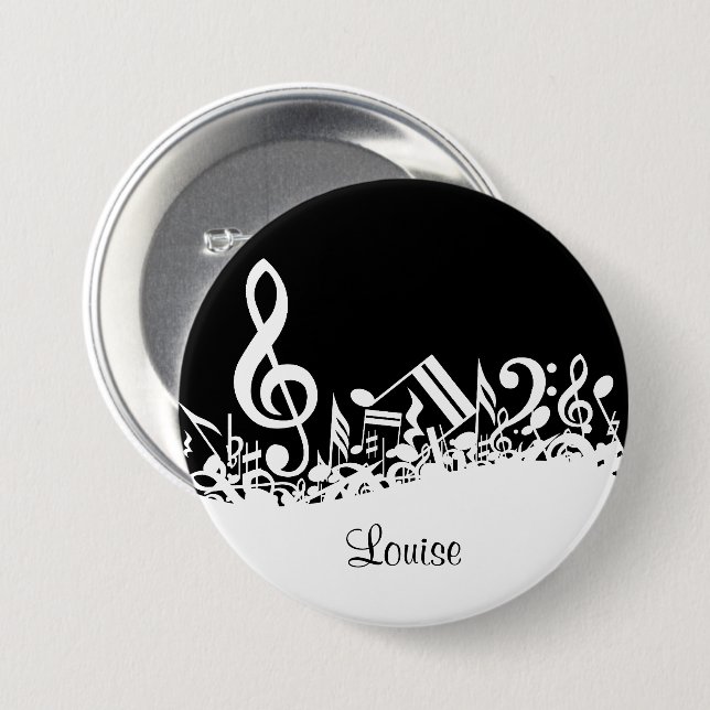 Personalisiert White Jumbled Musical Notes on Blac Button (Vorne & Hinten)