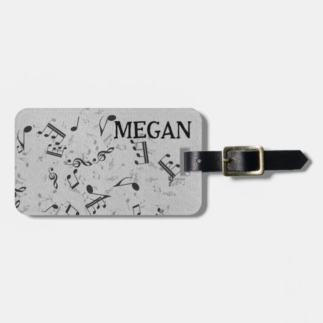 Personalisiert White Jumbled Musical Notes on Blac Gepäckanhänger (Vorderseite horizontal)