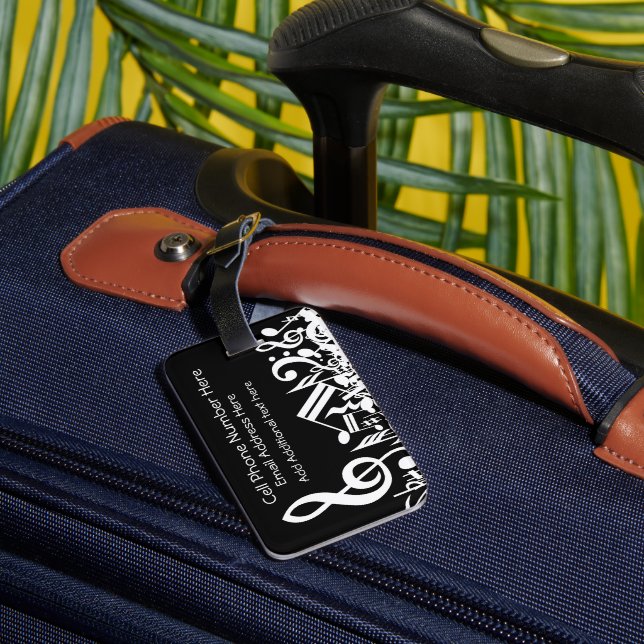 Personalisiert White Jumbled Musical Notes on Blac Gepäckanhänger (Rückseite Insitu 3)