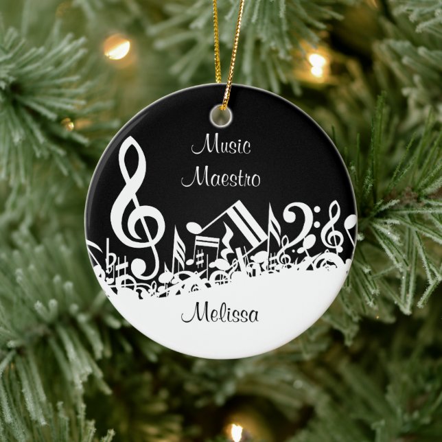 Personalisiert White Jumbled Musical Notes on Blac Keramikornament (Baum)