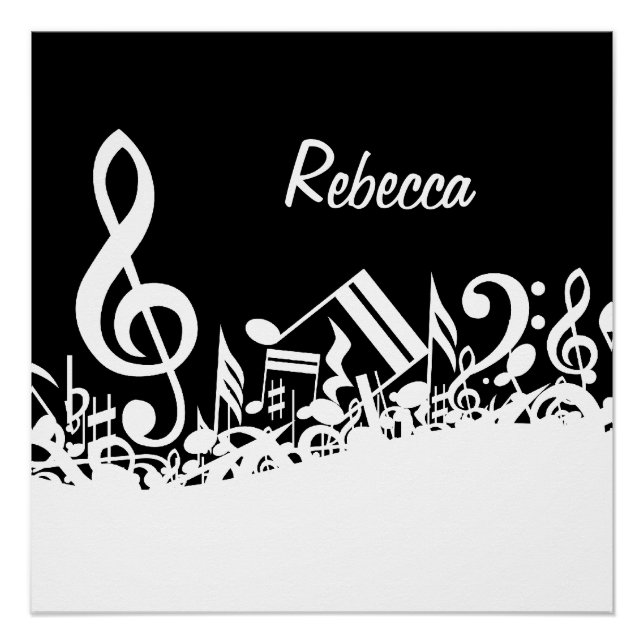 Personalisiert White Jumbled Musical Notes on Blac Poster (Vorderseite)