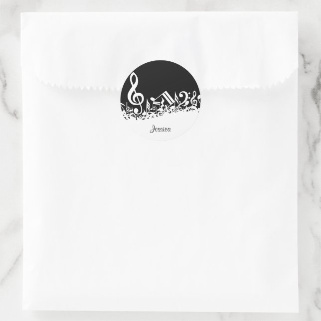 Personalisiert White Jumbled Musical Notes on Blac Runder Aufkleber (Tasche)