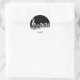 Personalisiert White Jumbled Musical Notes on Blac Runder Aufkleber