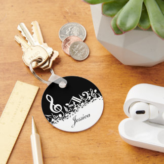 Personalisiert White Jumbled Musical Notes on Blac Schlüsselanhänger