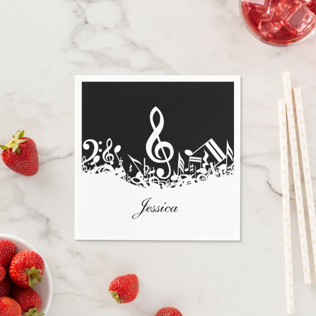Personalisiert White Jumbled Musical Notes on Blac Serviette (Beispiel)