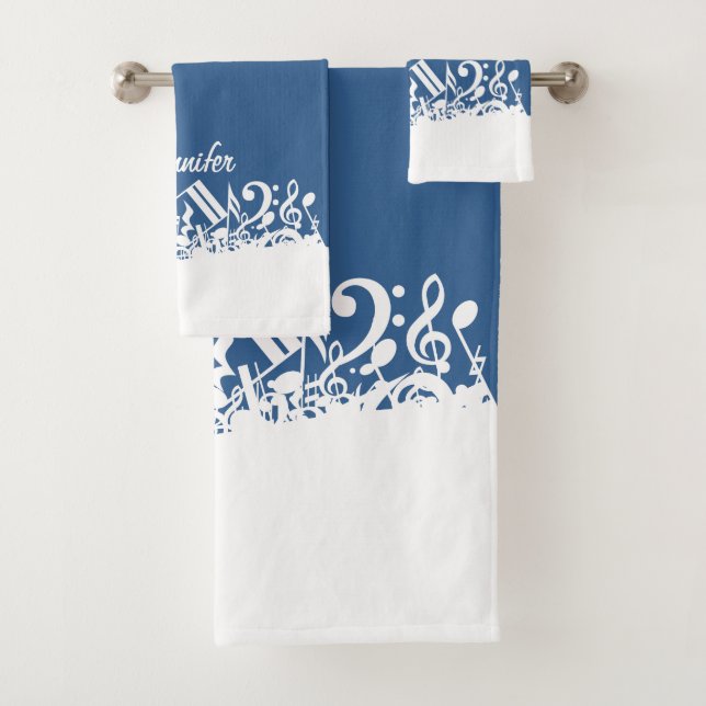Personalisiert White Jumbled Musical Notes on Blue Badhandtuch Set (Insitu)