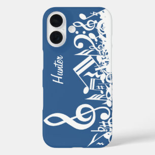 Personalisiert White Jumbled Musical Notes on Blue iPhone 16 Hülle