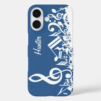 Personalisiert White Jumbled Musical Notes on Blue iPhone 16 Hülle