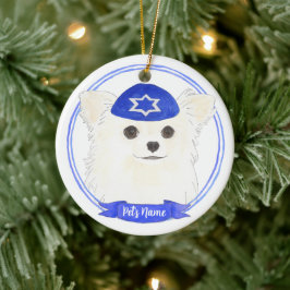 Personalisiert White Long Haaired Chihuahua Hanukk Keramik Ornament