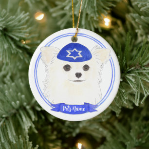 Personalisiert White Long Haaired Chihuahua Hanukk Keramik Ornament