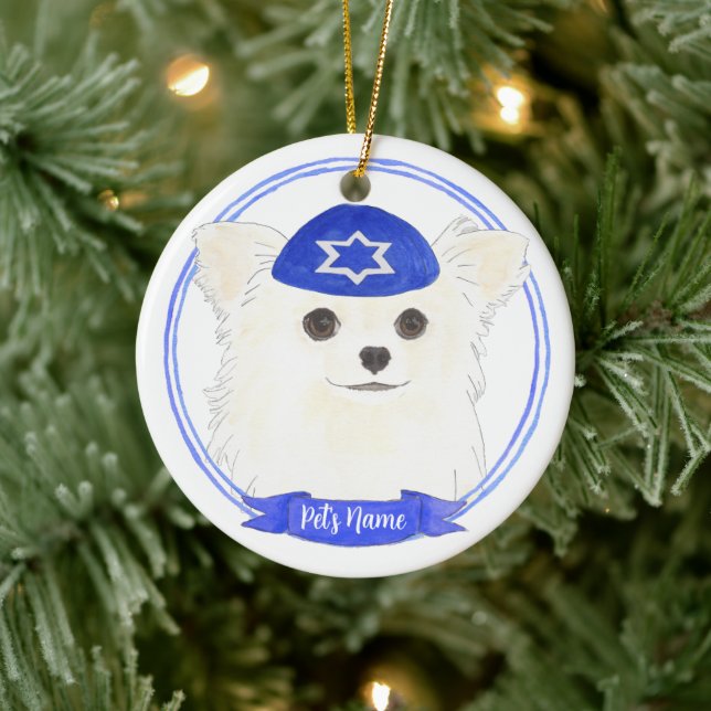 Personalisiert White Long Haaired Chihuahua Hanukk Keramik Ornament (Baum)