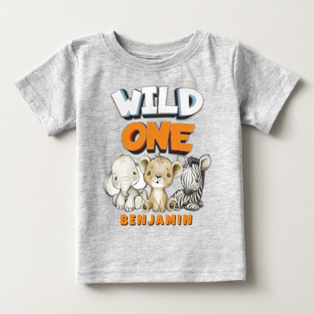 Personalisiert Wild One Comic Safari Erster Geburt Baby T-shirt (Vorderseite)