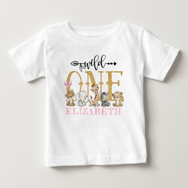 Personalisiert WILD ONE Pink Safari Erster Geburts Baby T-shirt (Vorderseite)