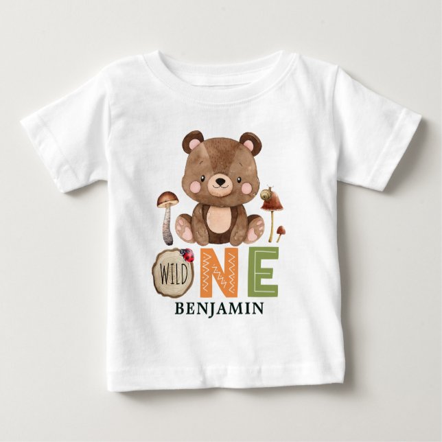 Personalisiert WILD ONE Woodland Erstgeburtenbaby Baby T-shirt (Vorderseite)