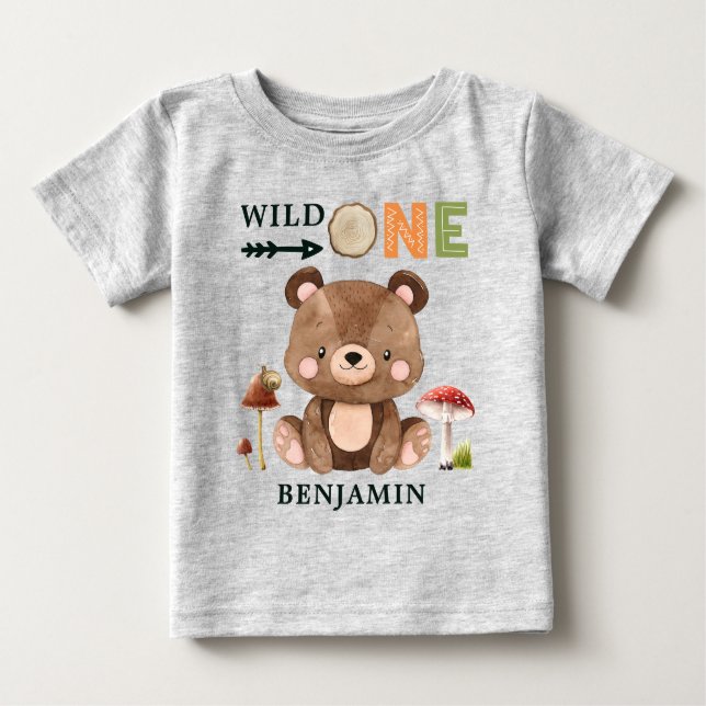 Personalisiert WILD ONE Woodland Erstgeburtenbaby Baby T-shirt (Vorderseite)