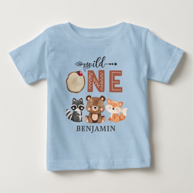 Personalisiert WILD ONE Woodland Erstgeburtenbaby Baby T-shirt (Vorderseite)